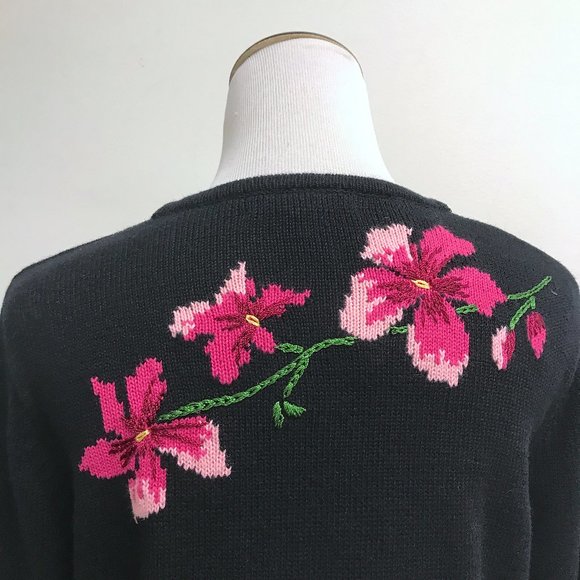 Northern Isles black cotton hand embroidered cardigan sweater pink blue M NWT - Picture 7 of 11